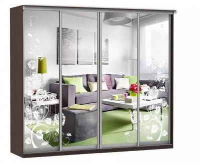 Шкаф купе Модерн 2362х600 4-х дверный 3-х секционный зеркальный с пескоструем №3 венге