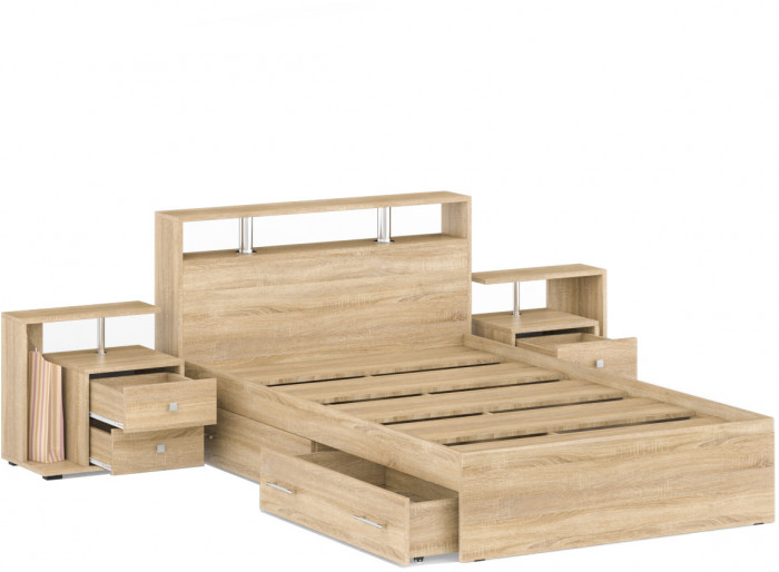 Камелия Кровать с ящиками 1200 + две тумбы, цвет дуб сонома, ШхГхВ 236х217х78,2 см., сп.м. 1200х2000 мм., без матраса, основание есть
