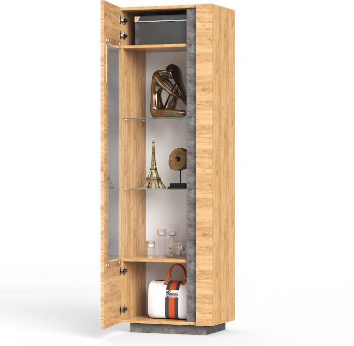 КР100 ??? Арчи Шкаф-витрина 03.263, цвет дуб крафт золотой/камень тёмный, ШхГхВ 60х41,3х193,7 см., подсветка за стеклом по торцу полки, НЕ уни. сб.