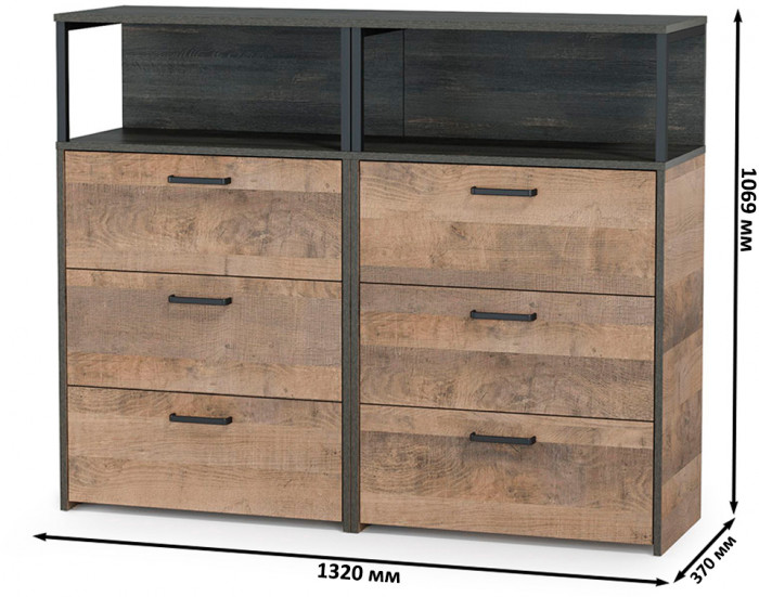 Трувор 13.307.02 Комод с ящиками + 13.307.02 Комод с ящиками, цвет дуб гранж песочный/интра, ШхГхВ 132х37х106,9 см.