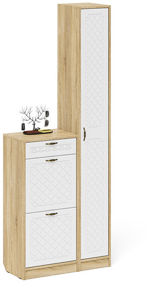 Прихожая П-6 Компоновка № 22, цвет дуб сонома/фасады МДФ белое дерево фрезеровка ромб, ШхГхВ 80х35х210 см., универсальная сборка