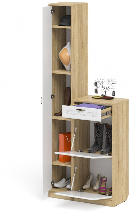 Прихожая П-6 Компоновка № 22, цвет дуб сонома/фасады МДФ белое дерево фрезеровка ромб, ШхГхВ 80х35х210 см., универсальная сборка