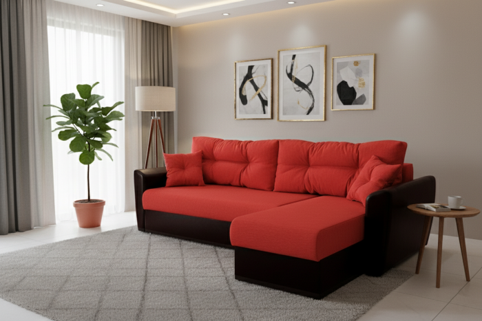 Диван-еврокнижка угловой Амстердам, 150х200, рогожка/экокожа красный