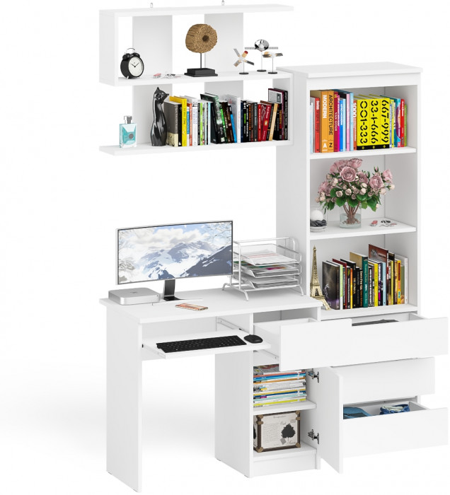 Мори компьютерный стол МС-1 правый + Стеллаж МСТ600.3 + Полка 900, белый