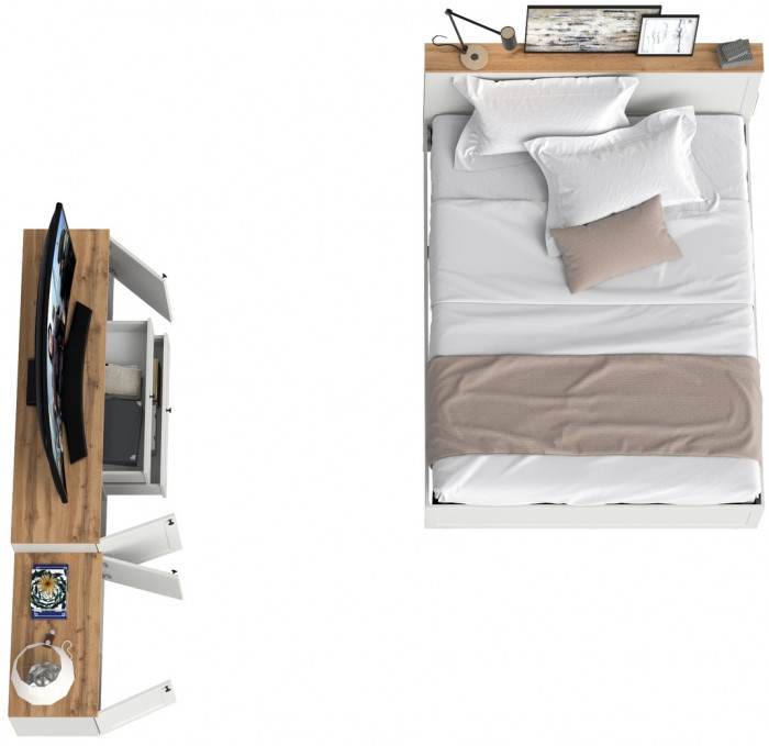 Остин 11.53 Кровать + ортопед + 16.47 Тумба под ТВ + 13.257 Тумба, белый шагрень/дуб крафт золотой
