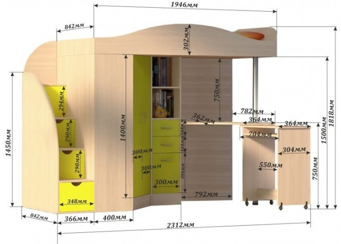 Кровать-чердак Юниор 4 (Дуб молочный/Ясень Анкор темный)