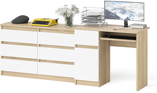 Мори Стол компьютерный МС-1 левый + Комод МК1200.6, цвет дуб сонома/белый, ШхГхВ 210,4х50х76,6 см., выдвижной ящик слева, НЕ универсальная сборка