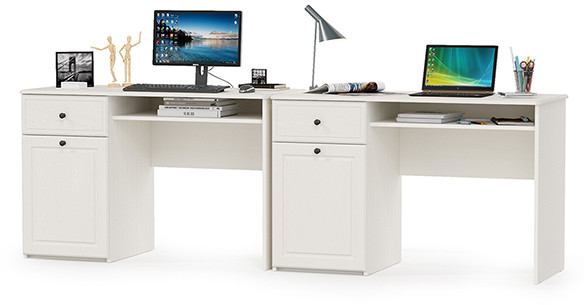 КР100 Роуз 12.148 Стол письменный + 12.148 Стол письменный, цвет ЛДСП белый(тиснение Поры дерева)/МДФ ясень ваниль, ШхГхВ 238х51,7х76,3 см., ун. сб.