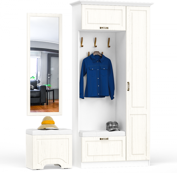 Ливерпуль Прихожая 13.21 + карниз 1000 + Зеркало 03.242 + Пуф 14.02, цвет ясень ваниль/белый, ШхГхВ 108,2х43,5х223,5 + 55х35х200 см., ун. сборка