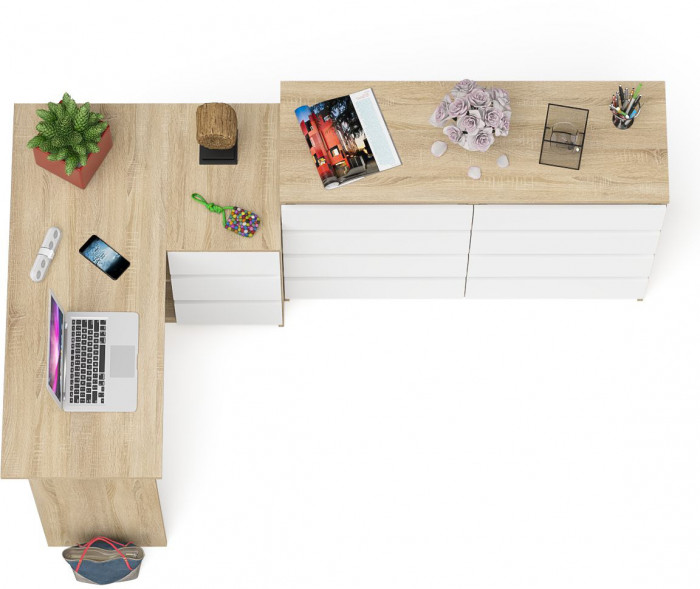 Мори компьютерный стол МС-16 правый + Комод МК1200.8, дуб сонома/белый