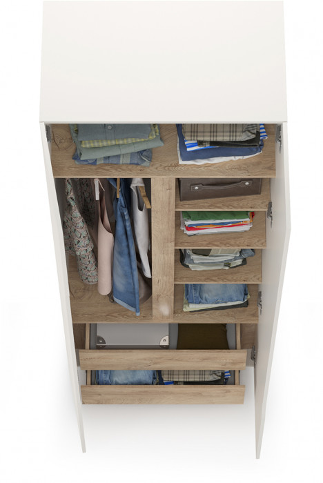 Муссон 13.198 Шкаф двухстворчатый, цвет белый/дуб эндгрейн элегантный, ШхГхВ 87,4х52,2х229,8 см., 2 ящика и зеркало внутри, универс. сборка наполнения