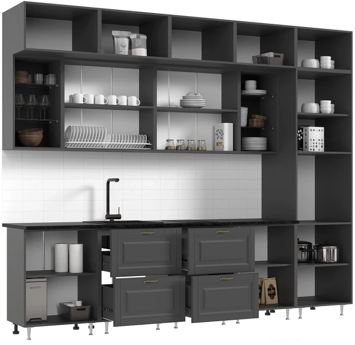 Кухня Престиж 3,0м Компоновка №2 Графит/Графит софт NEW/Прайм орех