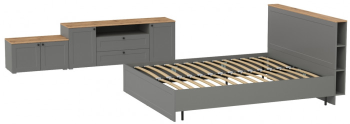 Остин 11.53 Кровать + ортопед + 16.47 Тумба под ТВ + 13.257 Тумба, серый графит/дуб крафт золотой