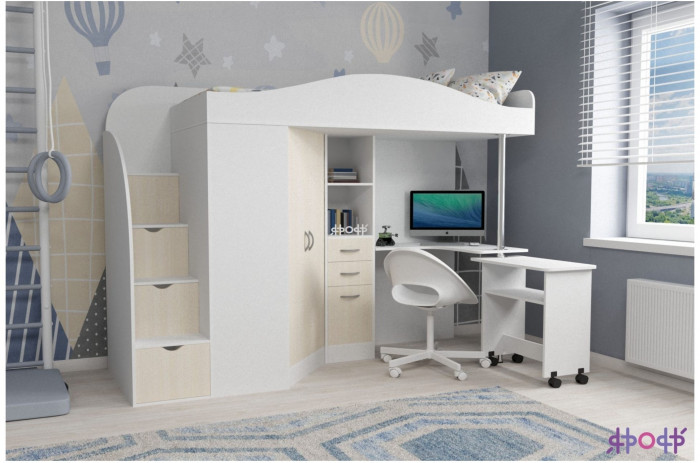 Кровать-чердак Юниор 4 (Белое дерево/Ясень Анкор темный)