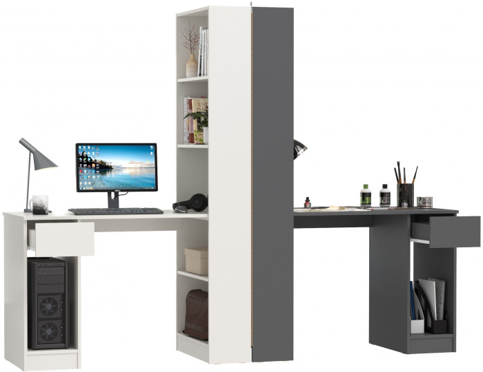 Два Стола письменных Лайт 10.01, цвет белый гладкий/тёмно-серый, ШхГхВ 230,6х58,2х179 см., универсальная сборка(обязательно крепление к стене)