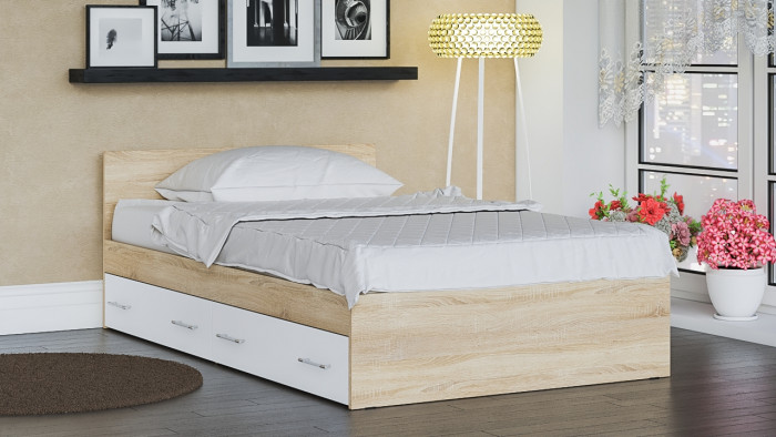 Мори Кровать с ящиками 1200, цвет дуб сонома/белый, ШхГхВ 123,5х203,5х70 см., сп.м. 1200х2000 мм., без матраса, основание есть