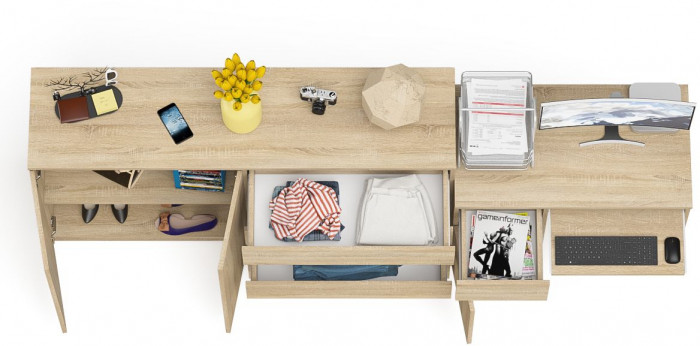 Мори Стол компьютерный МС-1 левый + Комод МК1600.1, цвет дуб сонома, ШхГхВ 250,4х50х94 см., выдвижной ящик слева, НЕ универсальная сборка