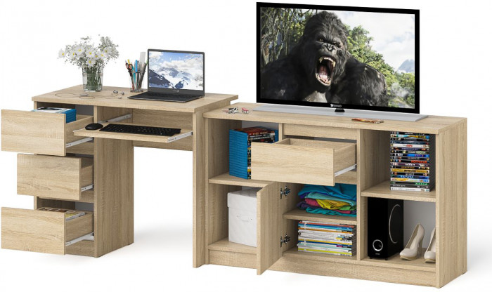 Мори Стол компьютерный МС-6 левый + Тумба МТВ1204.1, цвет дуб сонома, ШхГхВ 210,4х50х76,6 см., выдвижные ящики слева, НЕ универсальная сборка