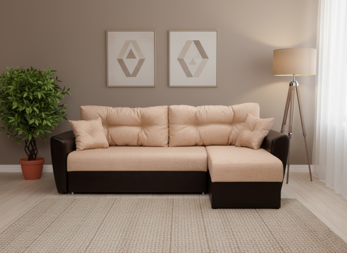 Диван-еврокнижка угловой Амстердам, 160х200, рогожка/экокожа бежево-коричневый