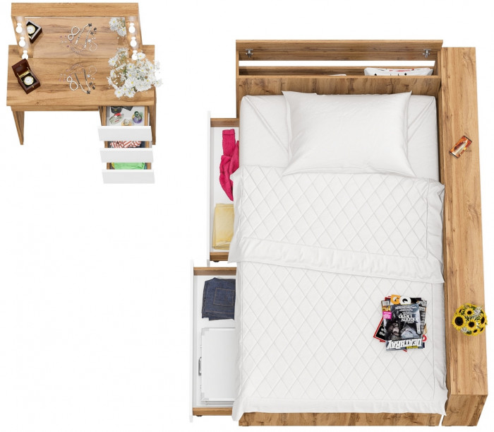 Ксения Кровать с ящиками 1200 + прикроватный блок + Столик с подсветкой Сура, дуб вотан/белый