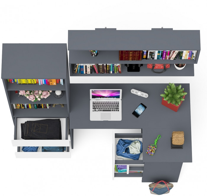 Мори компьютерный стол МС-16 правый + Стеллаж МСТ600.3 + Полка 1200, графит/белый