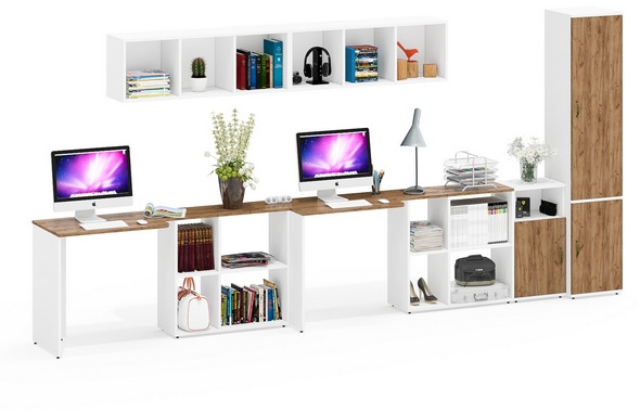 Лидер-8 Стол + Полка + Стол + Полка + Пенал МД 21Б + Тумба МД 3.19, цвет белый шагрень/крафт золото, 410х50/37,5х75/190 или 230х160/50х75/, НЕ ун. сб.