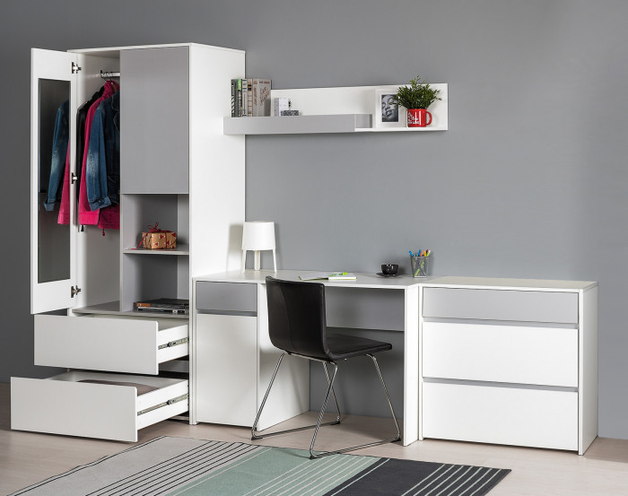 Торонто Компоновка № 03, цвет белый шагрень/стальной серый, ШхГхВ 280х53,1х195,7 см., универсальная сборка