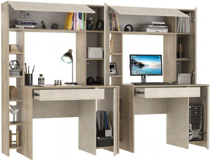 КР100 Стол компьютерный Комфорт 12.71 + Стол компьютерный Комфорт 12.71, цвет дуб крафт серый/шёлковый камень, ШхГхВ 233,4х60,2х165,4 см., НЕ ун. сб.