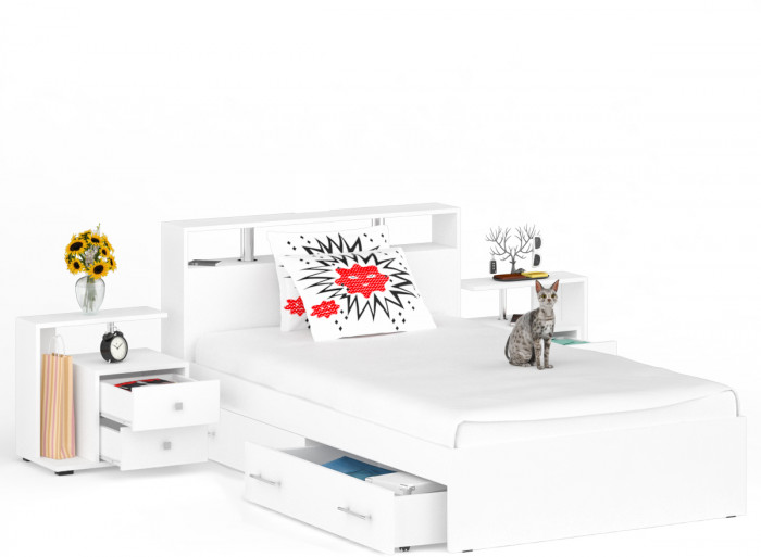 Камелия Кровать с ящиками 1200 + две тумбы, цвет белый, ШхГхВ 236х217х78,2 см., сп.м. 1200х2000 мм., без матраса, основание есть