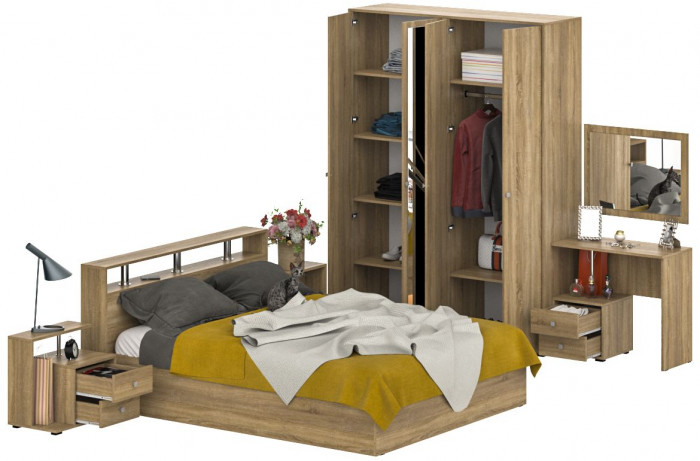 Камелия спальня № 2 Кровать 1600 + Две тумбы + Стол косметич. + Зеркало + Шкаф 4-х, дуб сонома