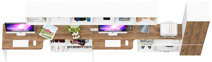 Лидер-8 Стол + Полка + Стол + Полка + Пенал МД 21Б, цвет белый шагрень/крафт золото, ШхГхВ 370х50/37,5х75/190 или 230х50/120х75/190 см., НЕ ун. сборка