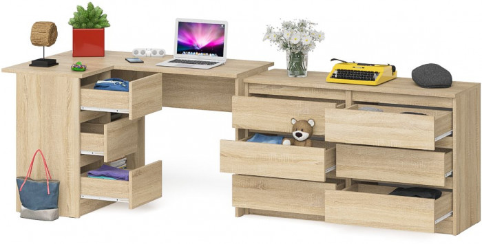 Мори Стол компьютерный МС-16 левый + Комод МК1200.6, цвет дуб сонома, ШхГхВ 244,8х84,9х76,6 см., выдвижные ящики слева, НЕ универсальная сборка