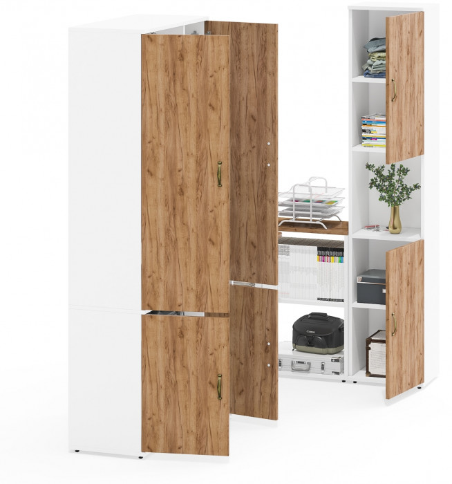 Лидер-8 Шкаф МД 20Б + Стол + Пенал, цвет белый шагрень/крафт золото, ШхГхВ 285х50/37,5х75/190 или 195х120х75/190 см., НЕ универсальная сборка