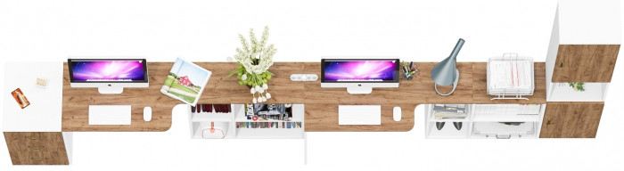 Лидер-8 Стол + Стол + Пенал + Тумба МД 3.16, цвет белый шагрень/крафт золото, ШхГхВ 410х50/30х75/190 см. или 230х50/160х75/190 см., НЕ универс. сборка