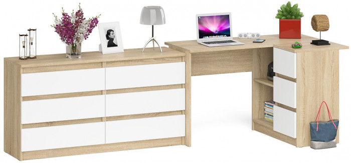 Мори Стол компьютерный МС-16 правый + Комод МК1380.6, цвет дуб сонома/белый, ШхГхВ 262,4х84,9х76,6 см., выдвижные ящики справа, НЕ универс. сборка