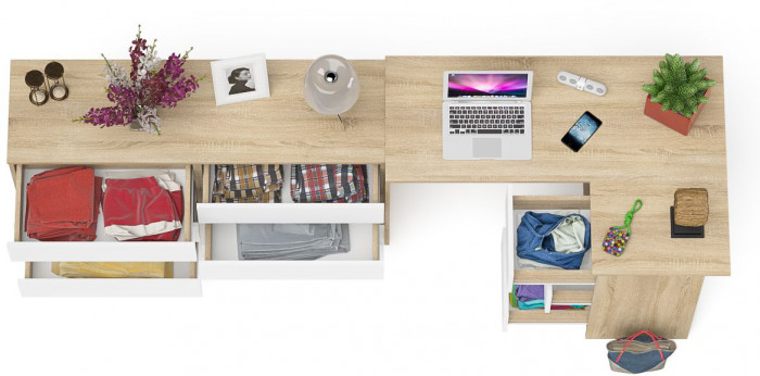 Мори Стол компьютерный МС-16 правый + Комод МК1380.6, цвет дуб сонома/белый, ШхГхВ 262,4х84,9х76,6 см., выдвижные ящики справа, НЕ универс. сборка