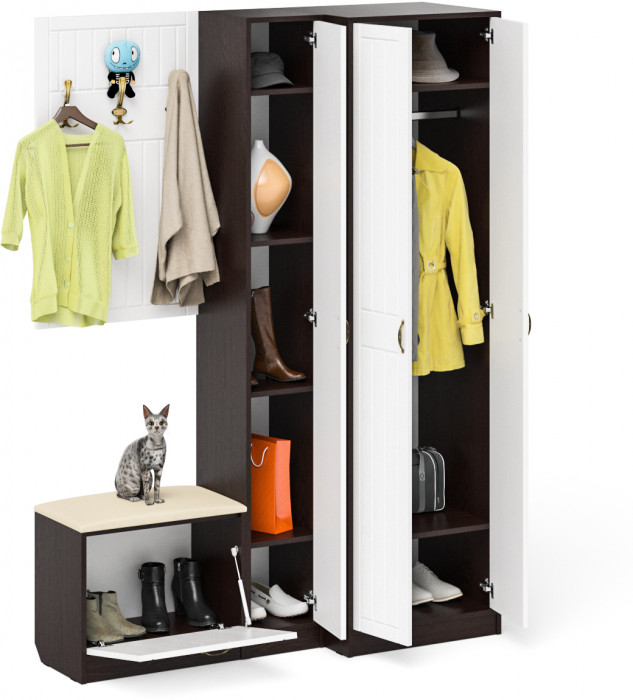 Прихожая П-6 Компоновка № 27, цвет венге/фасады МДФ белое дерево фрезеровка прованс, ШхГхВ 150х50х210 см., универсальная сборка