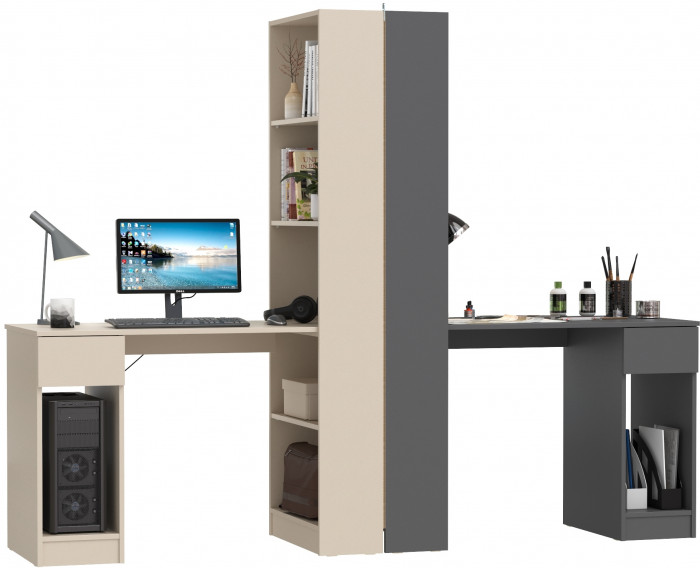 Два Стола письменных Лайт 10.01, цвет сатин/тёмно-серый, ШхГхВ 230,6х58,2х179 см., универсальная сборка(обязательно крепление к стене)