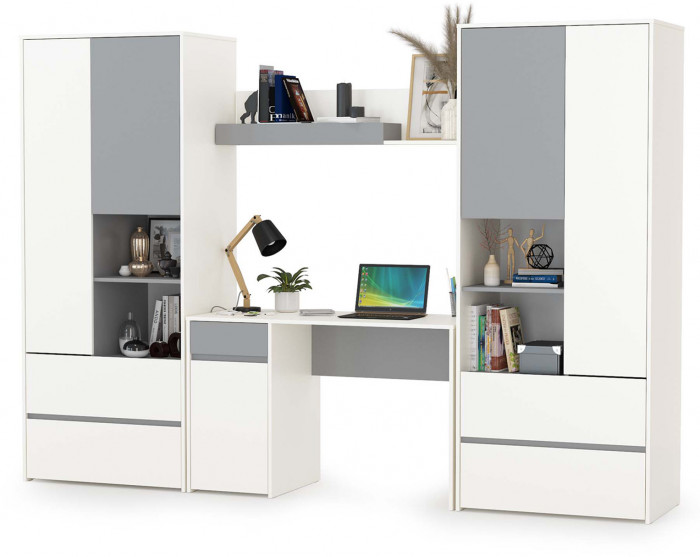 Торонто Компоновка № 05, цвет белый шагрень/стальной серый, ШхГхВ 280х53,1х195,7 см., универсальная сборка