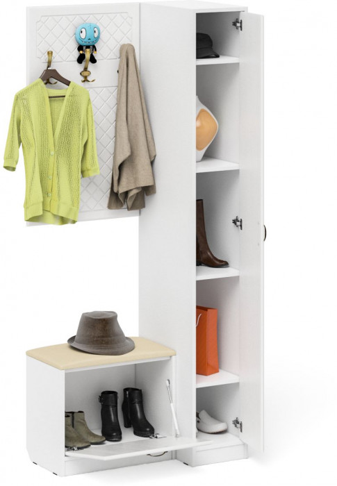 Прихожая П-6 Компоновка № 41, цвет белая шагрень/фасады МДФ белое дерево фрезеровка ромб, ШхГхВ 90х50х210 см., универсальная сборка