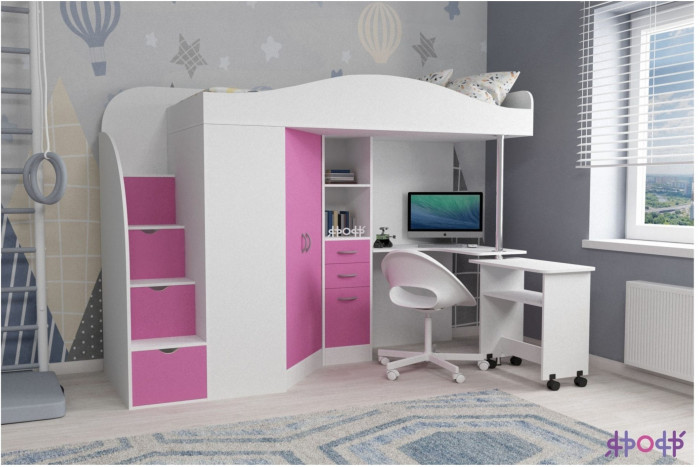 Кровать-чердак Юниор 4 (Белое дерево/Оранжевый)