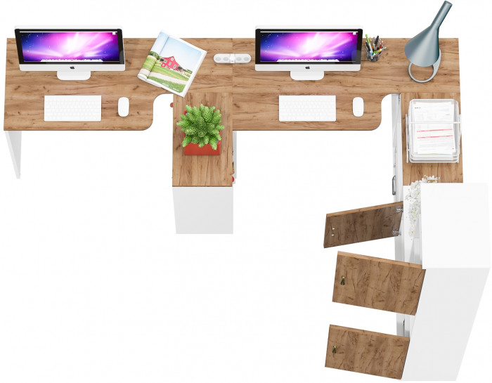 Лидер-8 Стол + Стол + Пенал + Тумба МД 3.19, цвет белый шагрень/крафт золото, ШхГхВ 410х50/30х75/190 см. или 230х50/160х75/190 см., НЕ универс. сборка