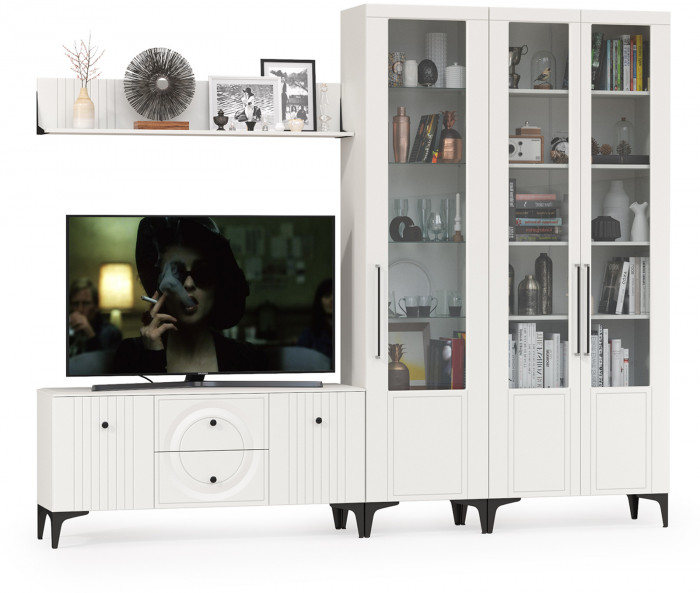 Валенсия Гостиная № 077, цвет ЛДСП белый шагрень/МДФ белый шагрень, ШхГхВ 272,2х38,3х225,2 см., универсальная сборка