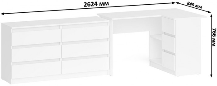 Мори компьютерный стол МС-16 правый + Комод МК1380.6, белый