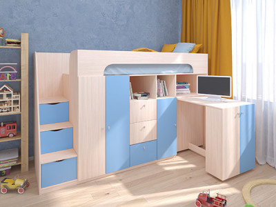 Кровать чердак Астра 11 Дуб молочный/Голубой