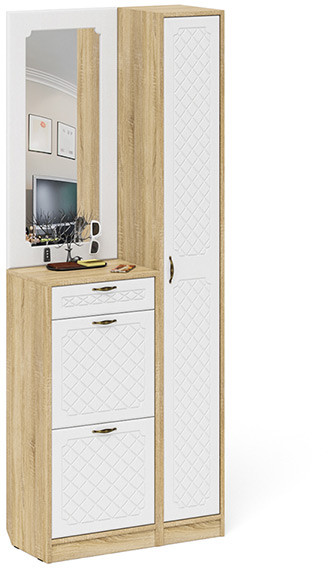 Прихожая П-6 Компоновка № 23, цвет дуб сонома/фасады МДФ белое дерево фрезеровка ромб, ШхГхВ 80х35х210 см., универсальная сборка