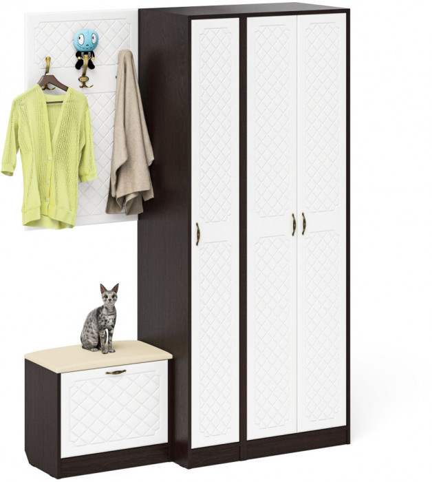 Прихожая П-6 Компоновка № 47, цвет венге/фасады МДФ белое дерево фрезеровка ромб, ШхГхВ 150х50х210 см., универсальная сборка