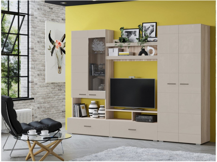 Гостиная Гамма-17 МДФ (Латте глянец, Ясень шимо светлый)