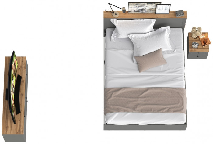 Остин 11.53 Кровать + ортопед + 16.47 Тумба под ТВ + 16.152 Тумба прикроватная, серый графит/дуб крафт золотой