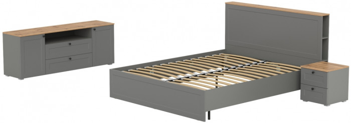 Остин 11.53 Кровать + ортопед + 16.47 Тумба под ТВ + 16.152 Тумба прикроватная, серый графит/дуб крафт золотой